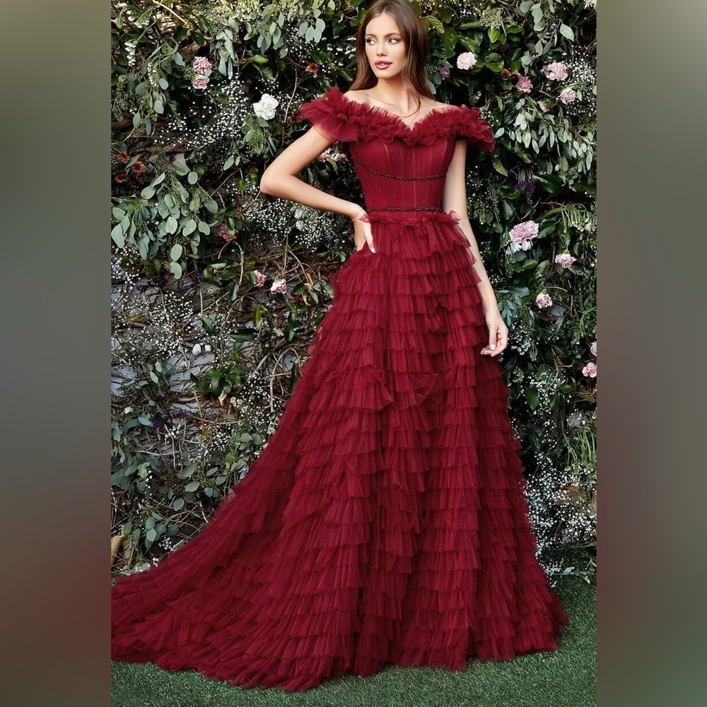 OFF THE SHOULDER BURGUNDY TULLE BALL GOWN